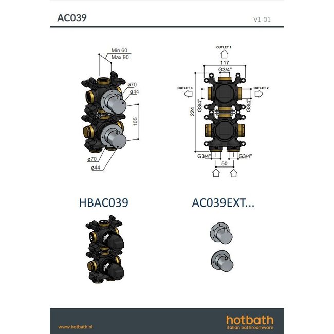 Hotbath Ace AC039 inbouw thermostaat met 3-weg omstel in 6 kleuren