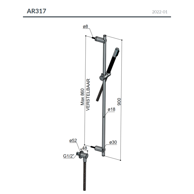 Hotbath Archie AR317 glijstang, wanduitlaat, doucheslang en handdouche
