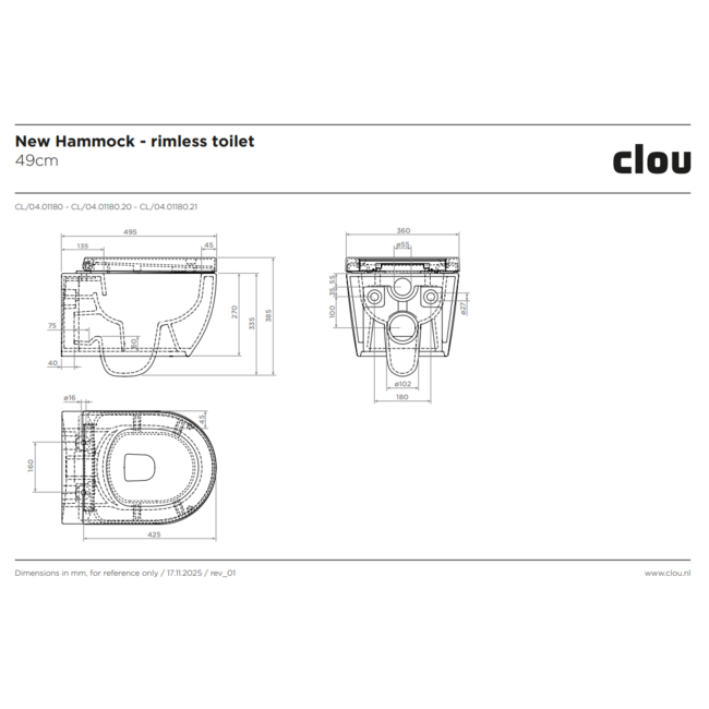 Clou New Hammock compact wandcloset zonder spoelrand 49x37 cm