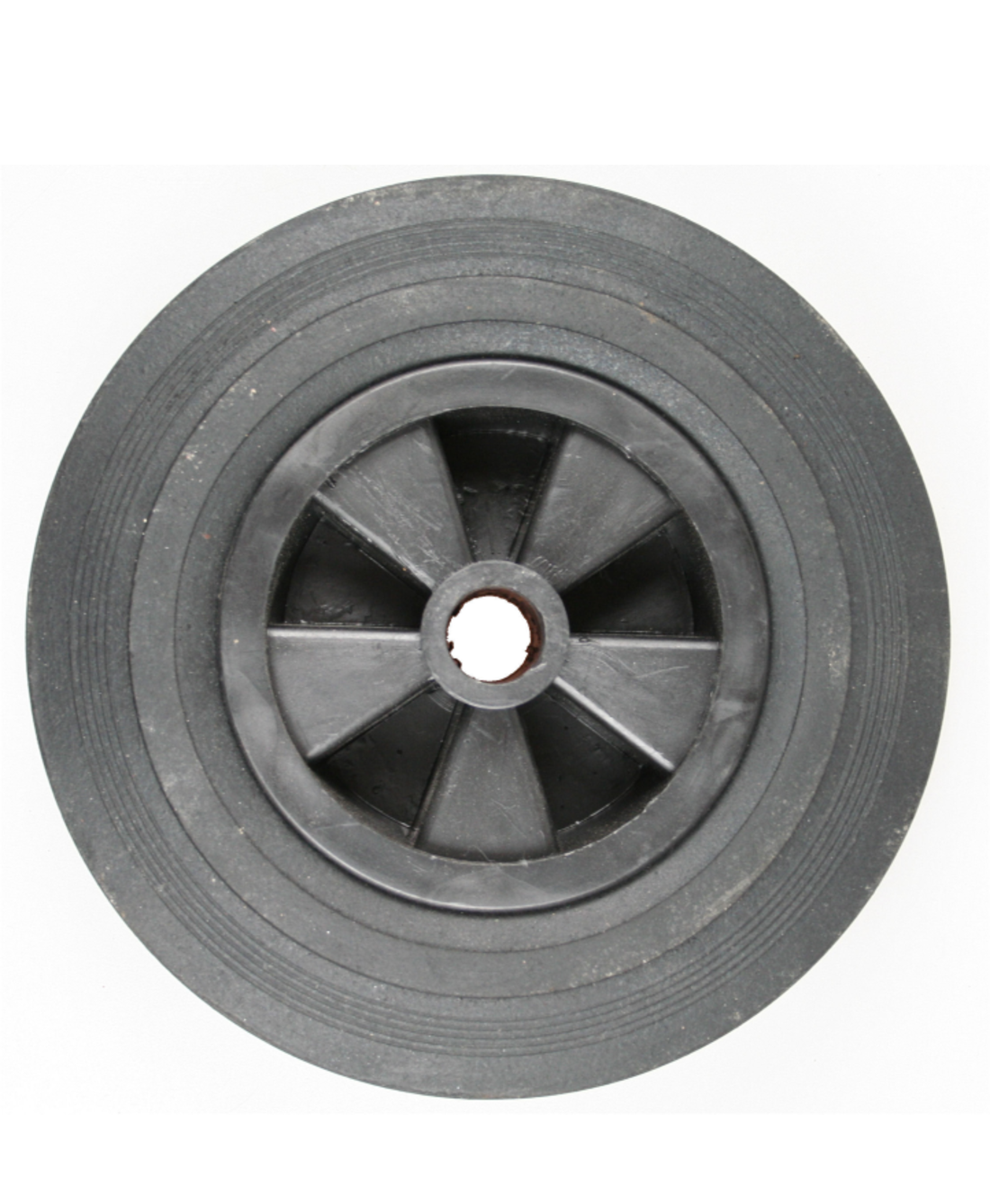 Losse kunststof velg met Hard rubberen wiel 200 x 50. Past op neuswiel met buis van 48mm doorsnee.