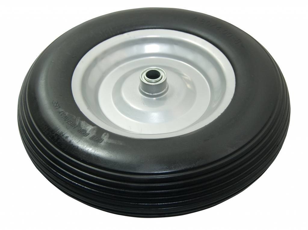 4.00-8 premium kruiwagenwiel - massief/anti-lek band en stalen velg - 150 kg maximale belasting - 20 mm asgat/naafdiameter - inclusief kogellager, as en afstandhouders