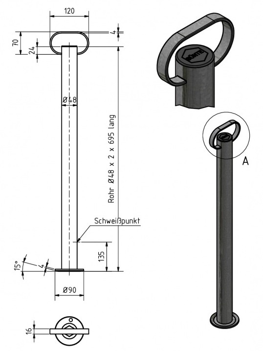 Premium stalen steunpoot met handvat - 700 mm hoog - 48 mm buisdiameter