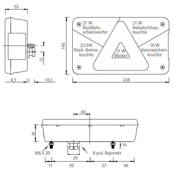 Multipoint 5 Links achterlicht 8 polige centrale stekkeraansluiting