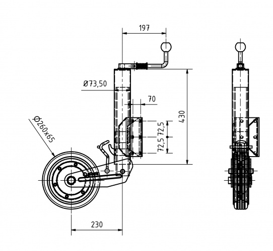 Opklapbaar Neuswiel 73 mm 800 kg half automatisch