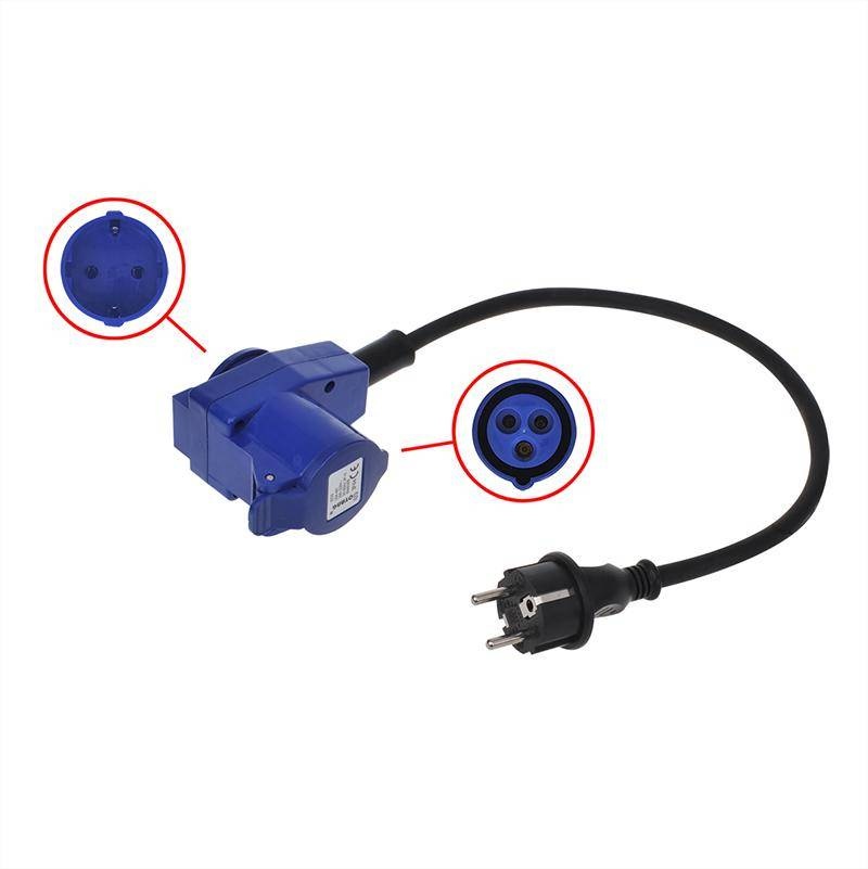 Verloopkabel 40cm van schuko naar CEE contrastekker en schuko stopcontact.