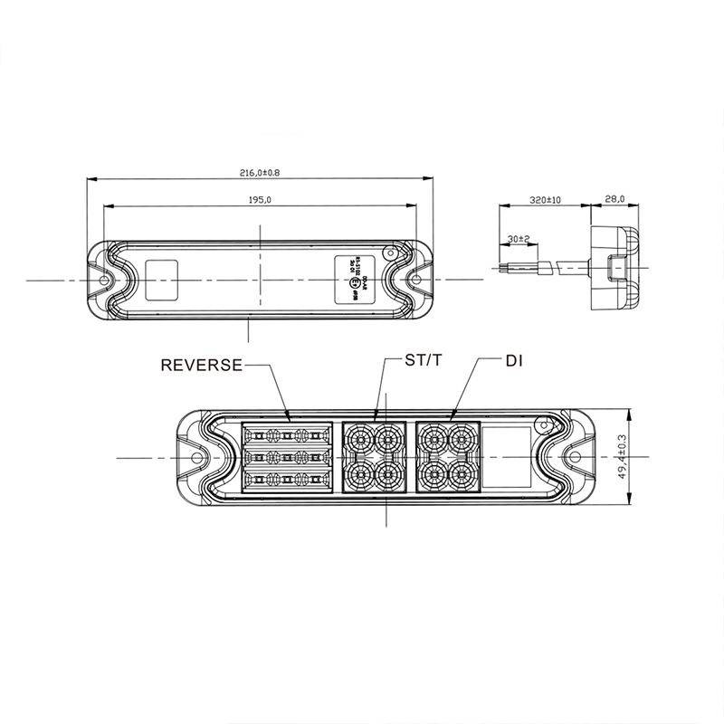 Achterlicht LED links/rechts 216x49,4x28 mm - 4 functies - losse draad aansluiting