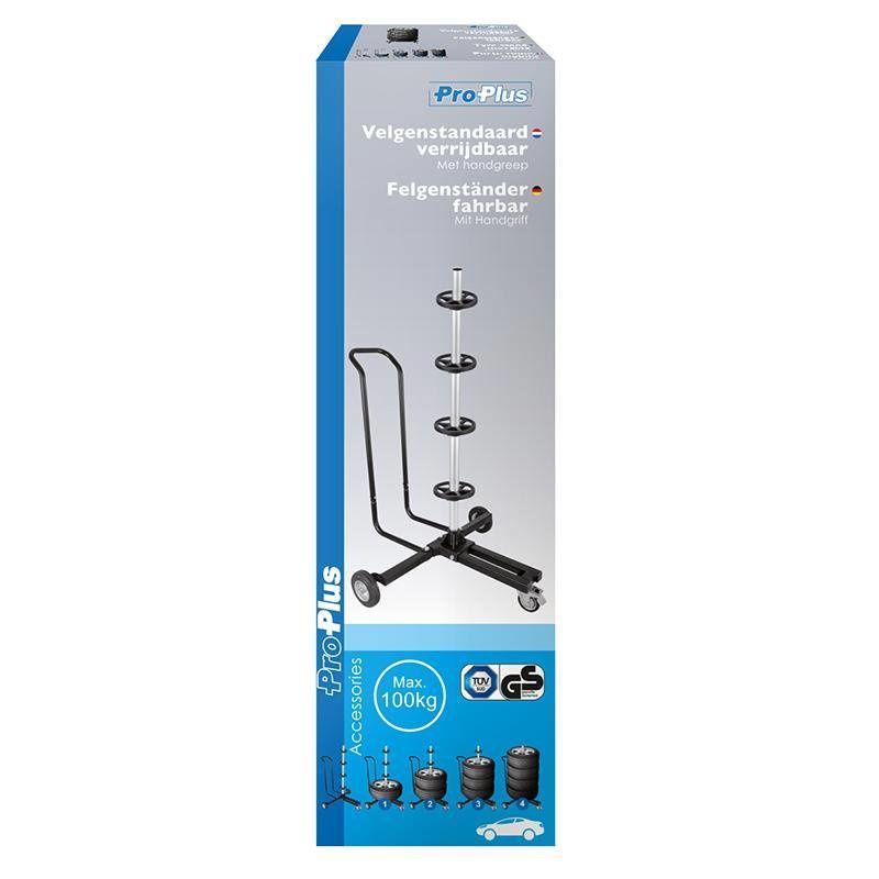 Velgenstandaard verrijdbaar met handgreep voor 4 wielen