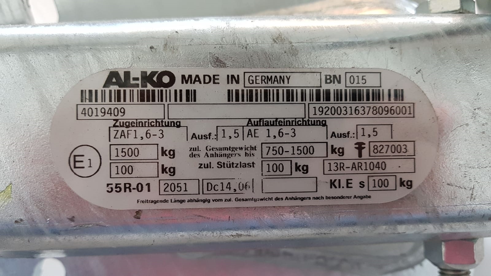 Oplooprem ZAF 1.6-3 -Ausf. 1.5 Hapert - 750 > 1500 kg - inclusief neuswielconsole