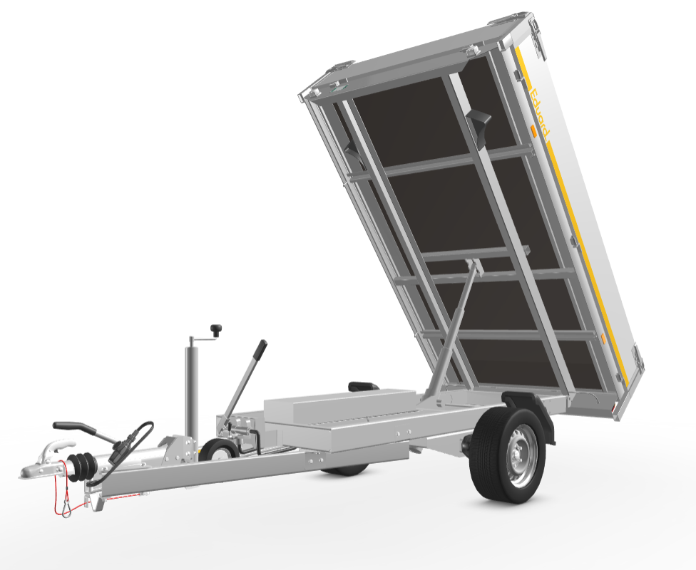 Geremde Eduard achterwaartse kipper - 256x150 cm - 1350 kg bruto laadvermogen - elektrisch, extern laden en een handpomp - 63 cm laadvloerhoogte