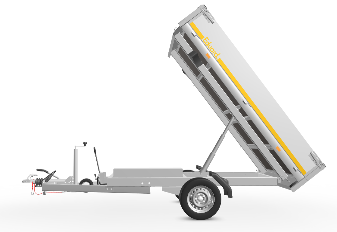 Geremde Eduard achterwaartse kipper - 256x150 cm - 1500 kg bruto laadvermogen - elektrisch, extern laden met afstandsbediening en een handpomp - 63 cm laadvloerhoogte