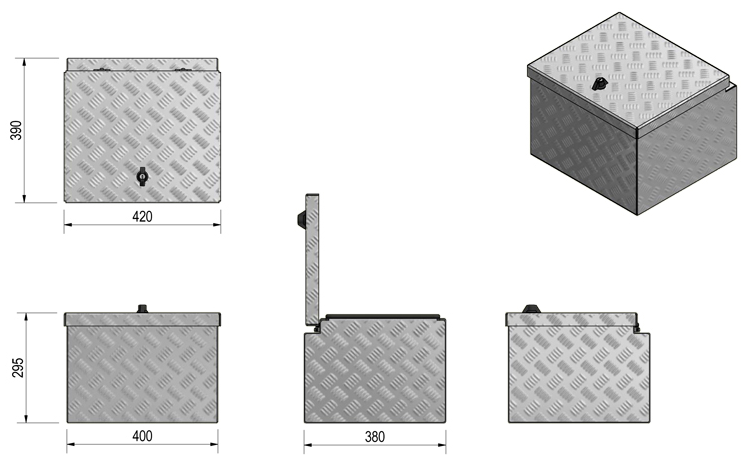 DE HAAN BOX S - waterdichte en stofdichte aluminium traanplaat disselkist 420x390x295 mm - voorzien van vlinderslot of spansluiting