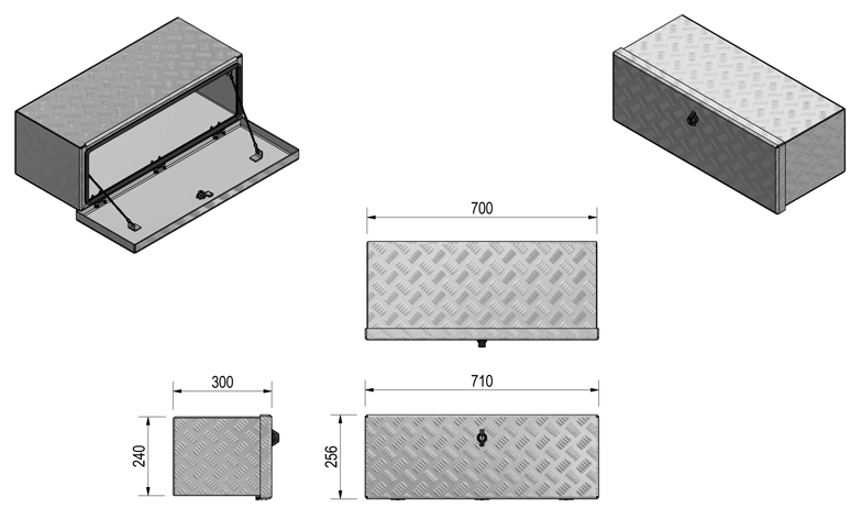 DE HAAN BOX O - 710x240x256 mm - waterdichte en stofdichte aluminium traanplaat disselkist - voorzien van vlinderslot of t-sluiting