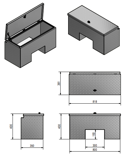 DE HAAN BOX IN - 800x361x400 mm - waterdichte en stofdichte aluminium traanplaat disselkist - voorzien van vlinderslot