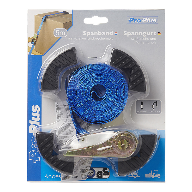 Spanband blauw 500x2,5 cm - met randbeschermers en ratel