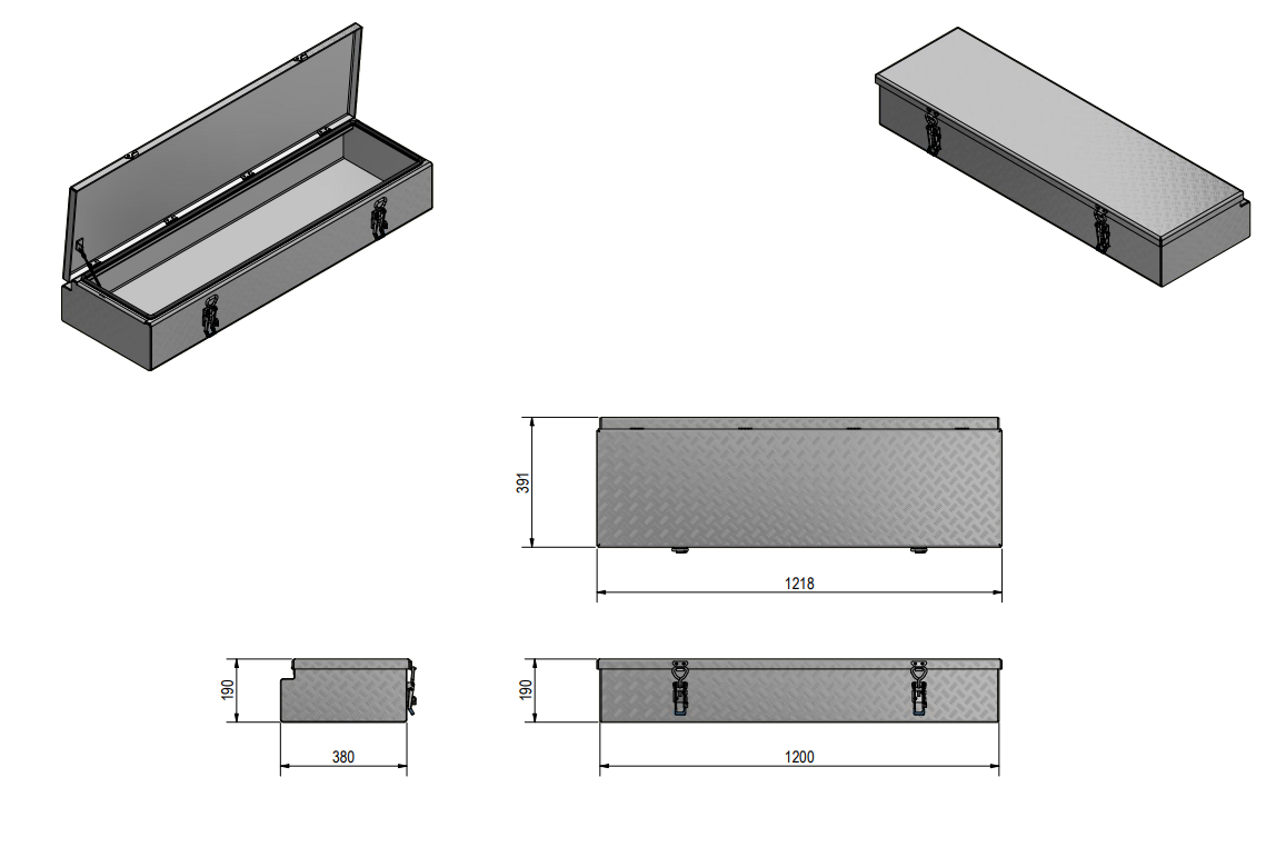 DE HAAN BOX HE - 1200x391x190 mm - waterdichte en stofdichte aluminium traanplaat disselkist - voorzien van vlinderslot of t-sluiting