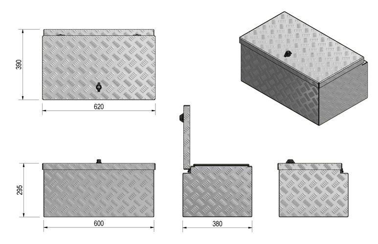 DE HAAN BOX M - 600x380x280 mm - waterdichte en stofdichte aluminium traanplaat disselkist - voorzien van vlinderslot, spansluiting of t-sluiting