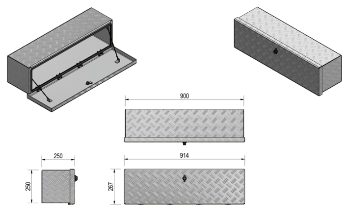 DE HAAN BOX OM - 900x250x250 mm - waterdichte en stofdichte aluminium traanplaat disselkist  - voorzien van vlinderslot of t-sluiting