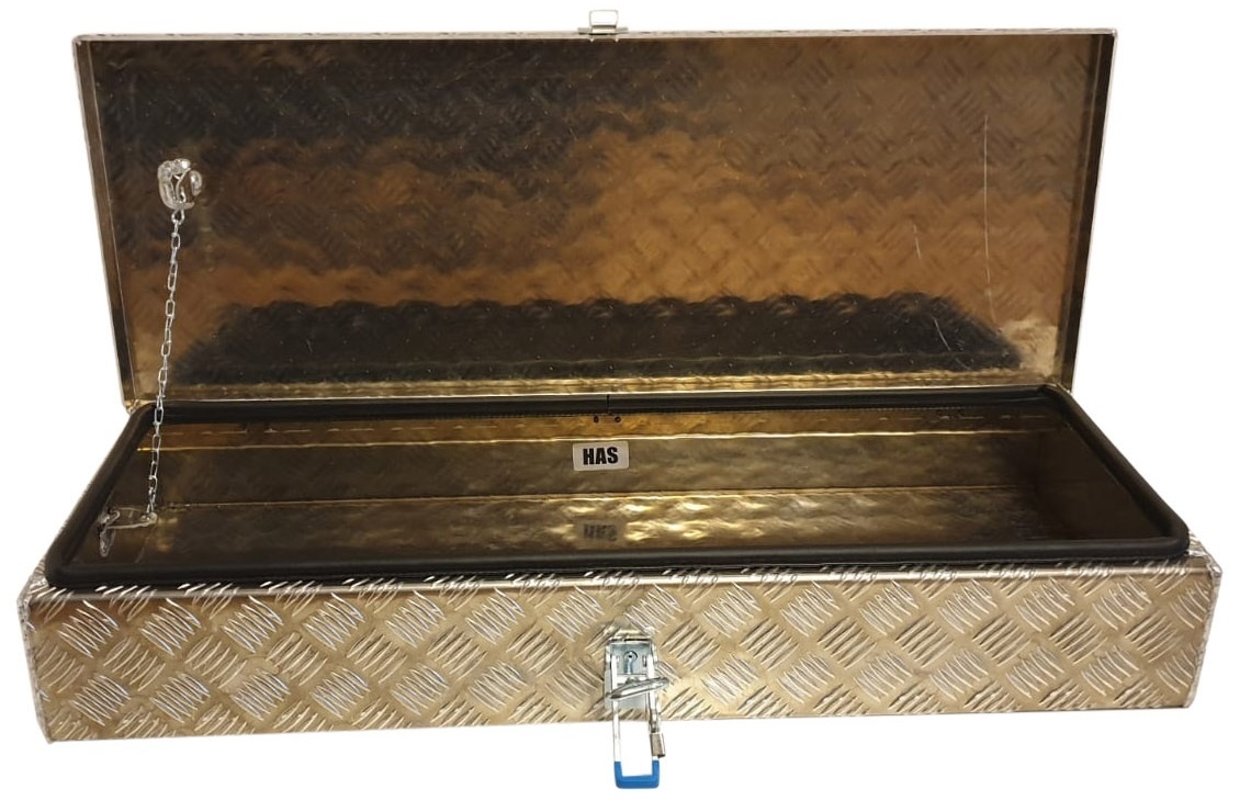 De Haan Box HAV/HAS - 900x380x150 mm - waterdichte en stofdichte aluminium traanplaat disselkist - voorzien van vlinderslot of t-sluiting