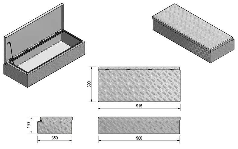 DE HAAN BOX H - 900x380x190 mm - waterdichte en stofdichte aluminium traanplaat disselkist - voorzien van vlinderslot of spansluiting