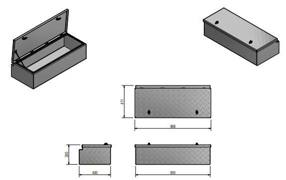 DE HAAN BOX WXV - 968x400x250 mm - waterdichte en stofdichte aluminium traanplaat disselkist - voorzien van vlinderslot