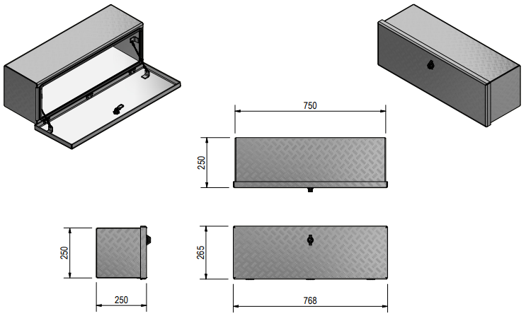 DE HAAN BOX OS - 764x267x250 mm - waterdichte en stofdichte aluminium traanplaat disselkist - voorzien van vlinderslot of t-sluiting