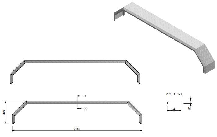 Aluminium traanplaat spatbord voor tridem asser - 2250x240x400 mm