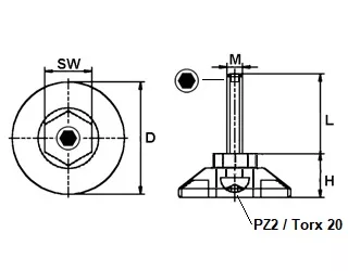 Draaibare stelvoet 30 mm - M8x60 mm met binnenzeskant