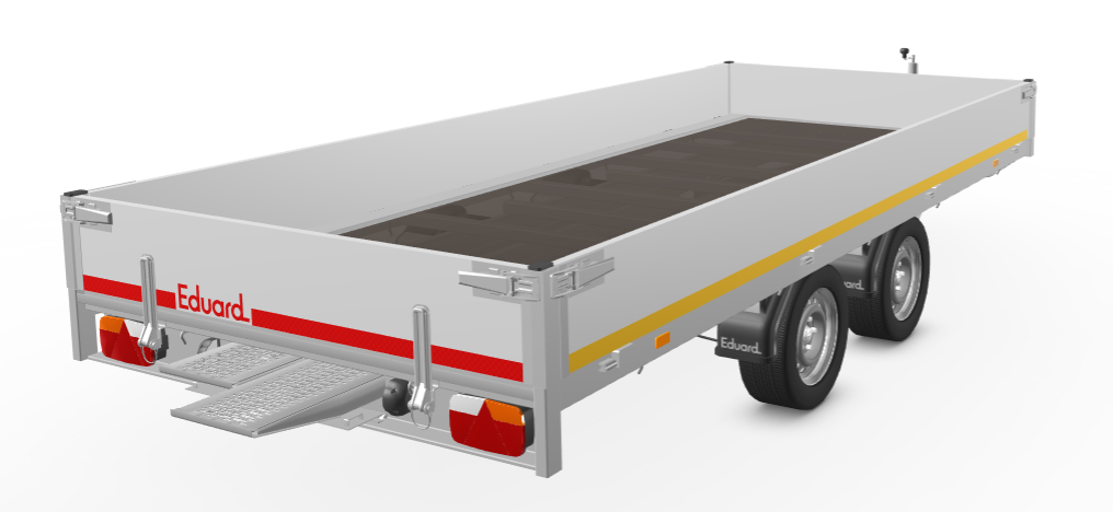 Geremde Eduard plateauwagen - 406x180 cm - 3000 kg bruto laadvermogen - 63 cm laadvloerhoogte - 30 cm borden - inclusief oprijplaten