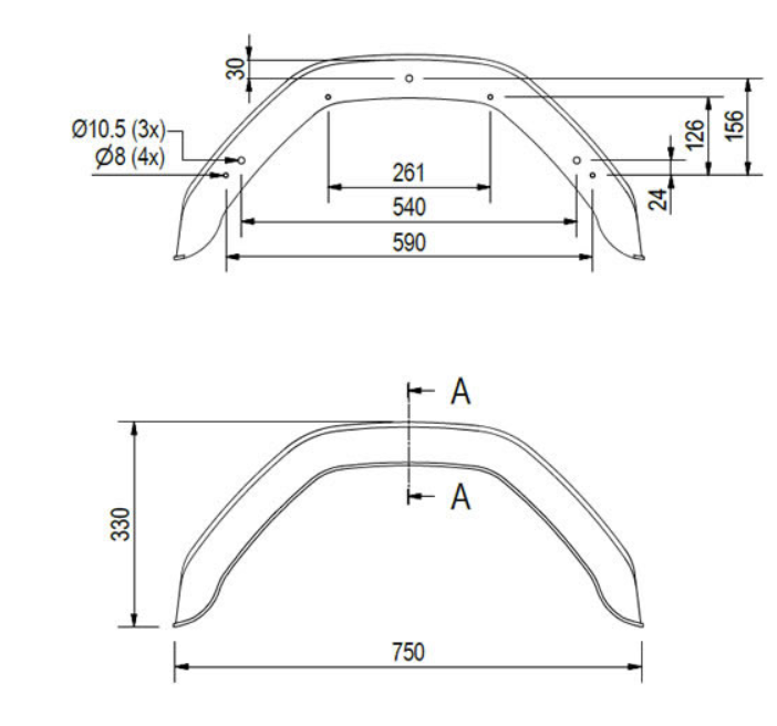 Kunststof spatbord 750x220x330 mm - omtrek 1120 mm - geschikt voor Saris/Henra bakwagens