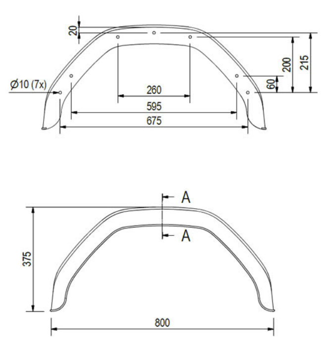 Origineel Saris/Henra kunststof spatbord 800x240x380 mm - omtrek 1235 mm
