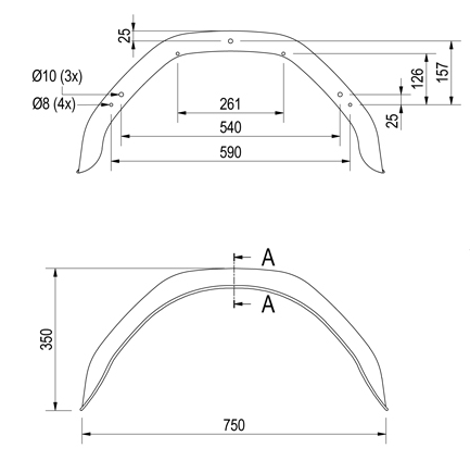 Origineel Anssems spatbord metaal 750x200x350 mm  - omtrek 1150 mm