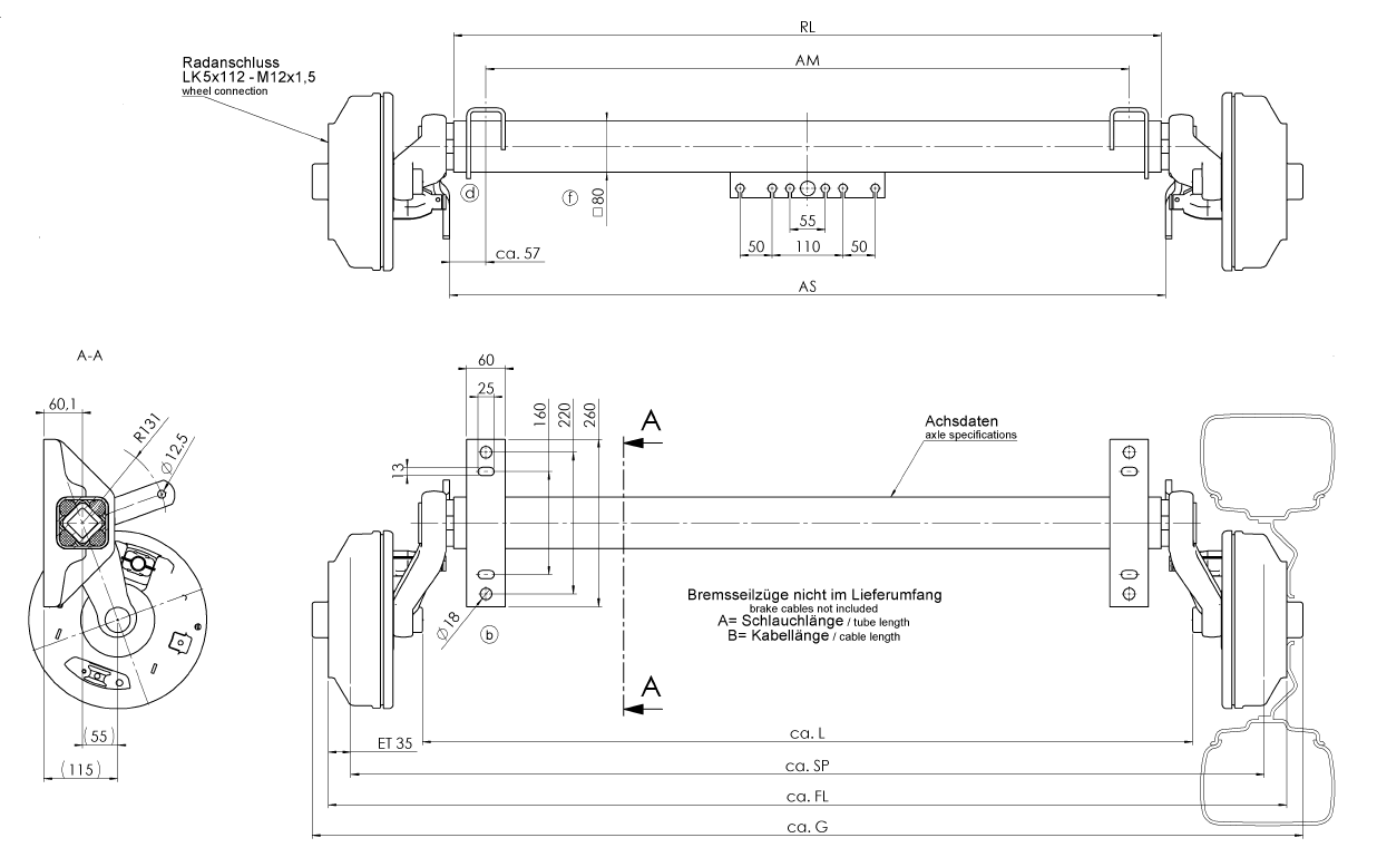 Geremde torsie as - 1800 kg - padmaat 1100 mm - flensmaat 1590 mm - 5 gats