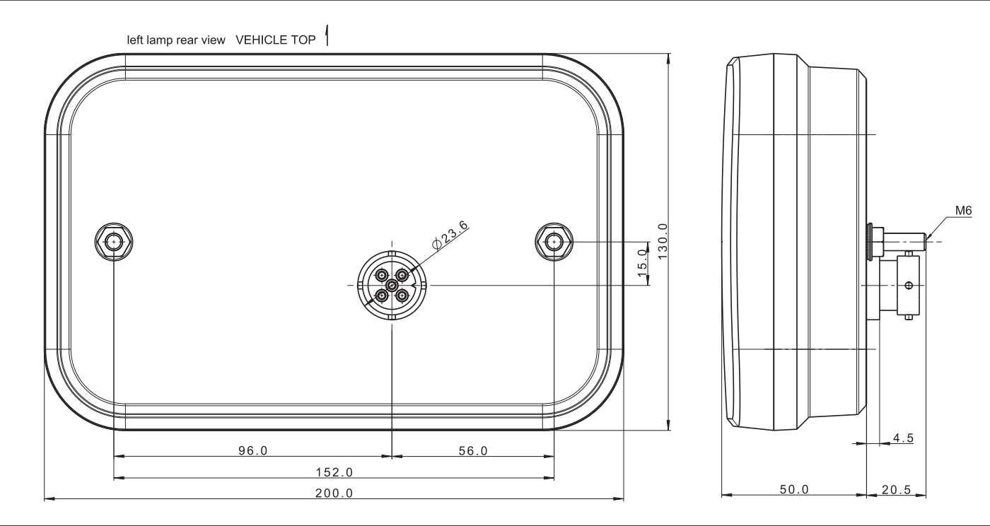 Achterlicht links met ingebouwde weerstand 200x130x50 mm - eenvoudig aan te sluiten met Aspöck connectoren
