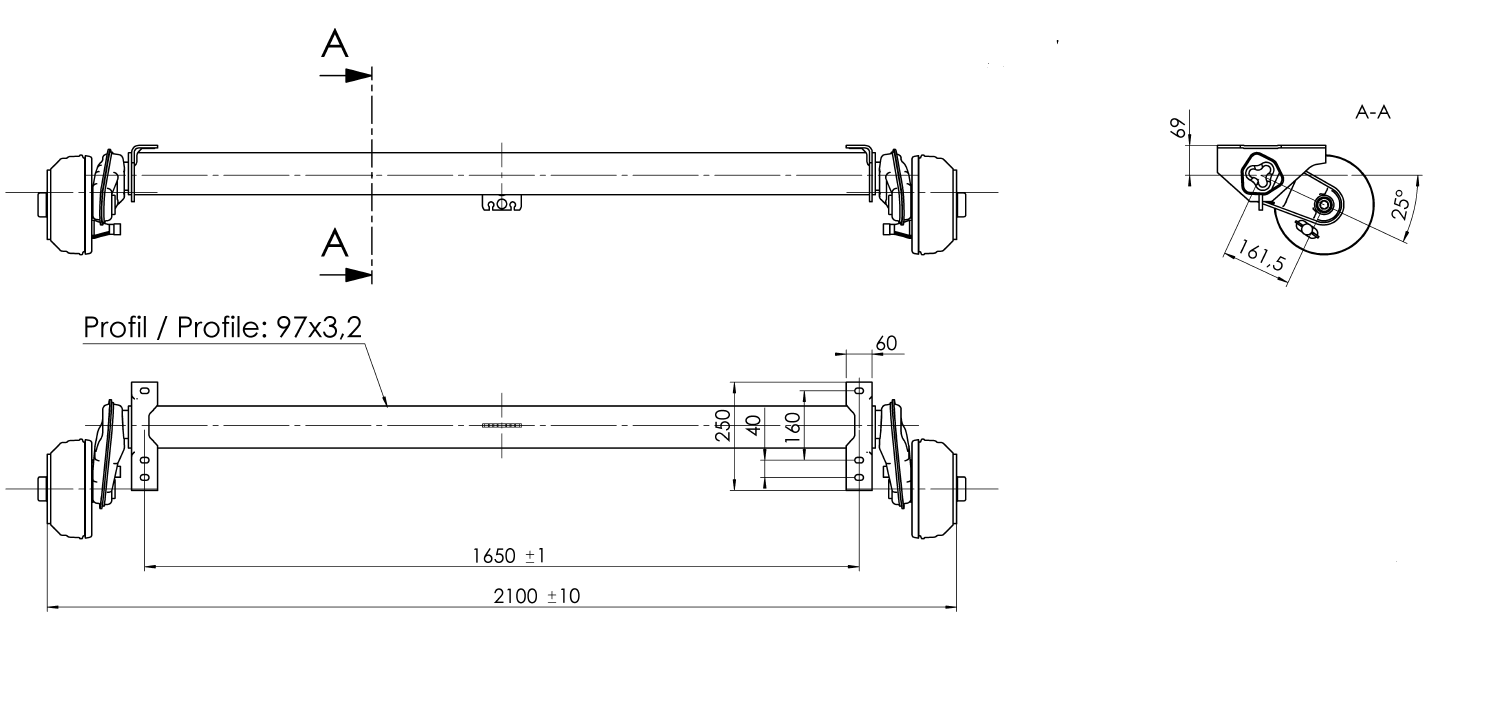 Geremde torsie as - 1350 kg - padmaat 1650 mm - flensmaat 2100 mm - 5 gats