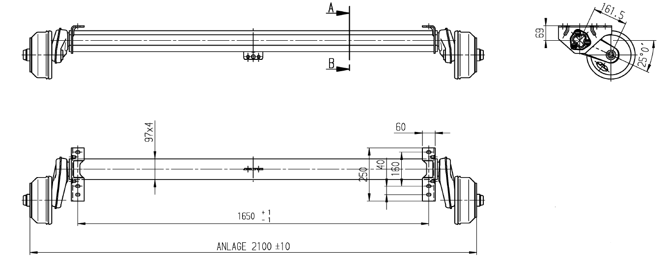 Geremde torsie as - 1500 kg - padmaat 1650 mm - flensmaat 2100 mm - 5 gats