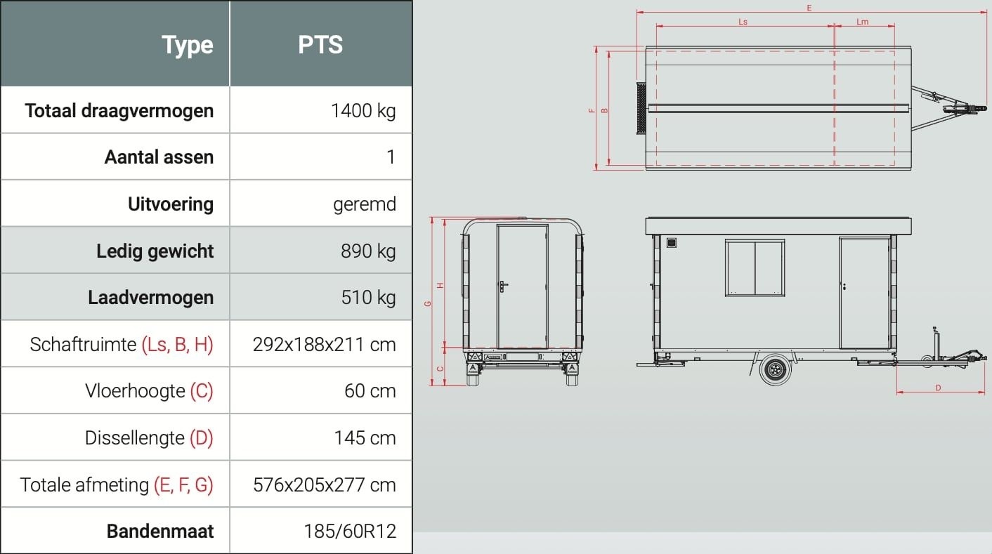 Anssems PTS schaftwagen - 1400 kg bruto laadvermogen - geremd - schaftruimte 292x188x211 cm