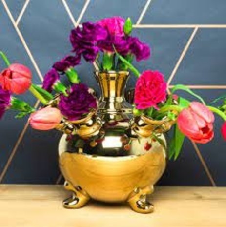 Heinen Delfts Blauw Tulip vase on feet Gold large
