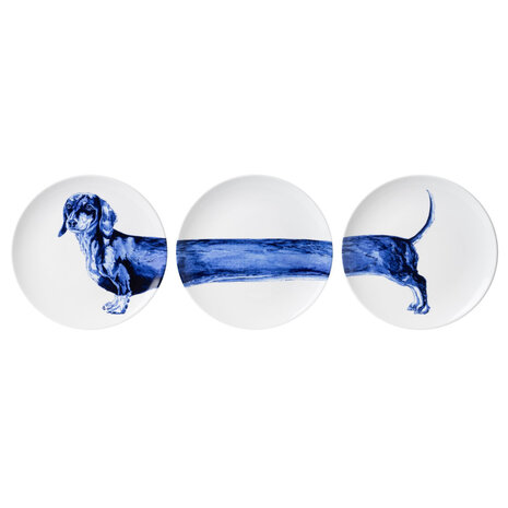 Heinen Delfts Blauw Assiettes murales Teckel lot de 3 Heinen Delfts Blauw Assiettes murales Teckel lot de 3