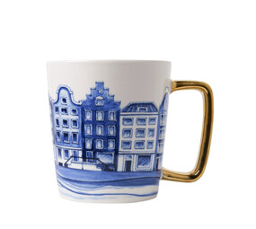 Heinen Delfts Blauw Mok Huisjes goud