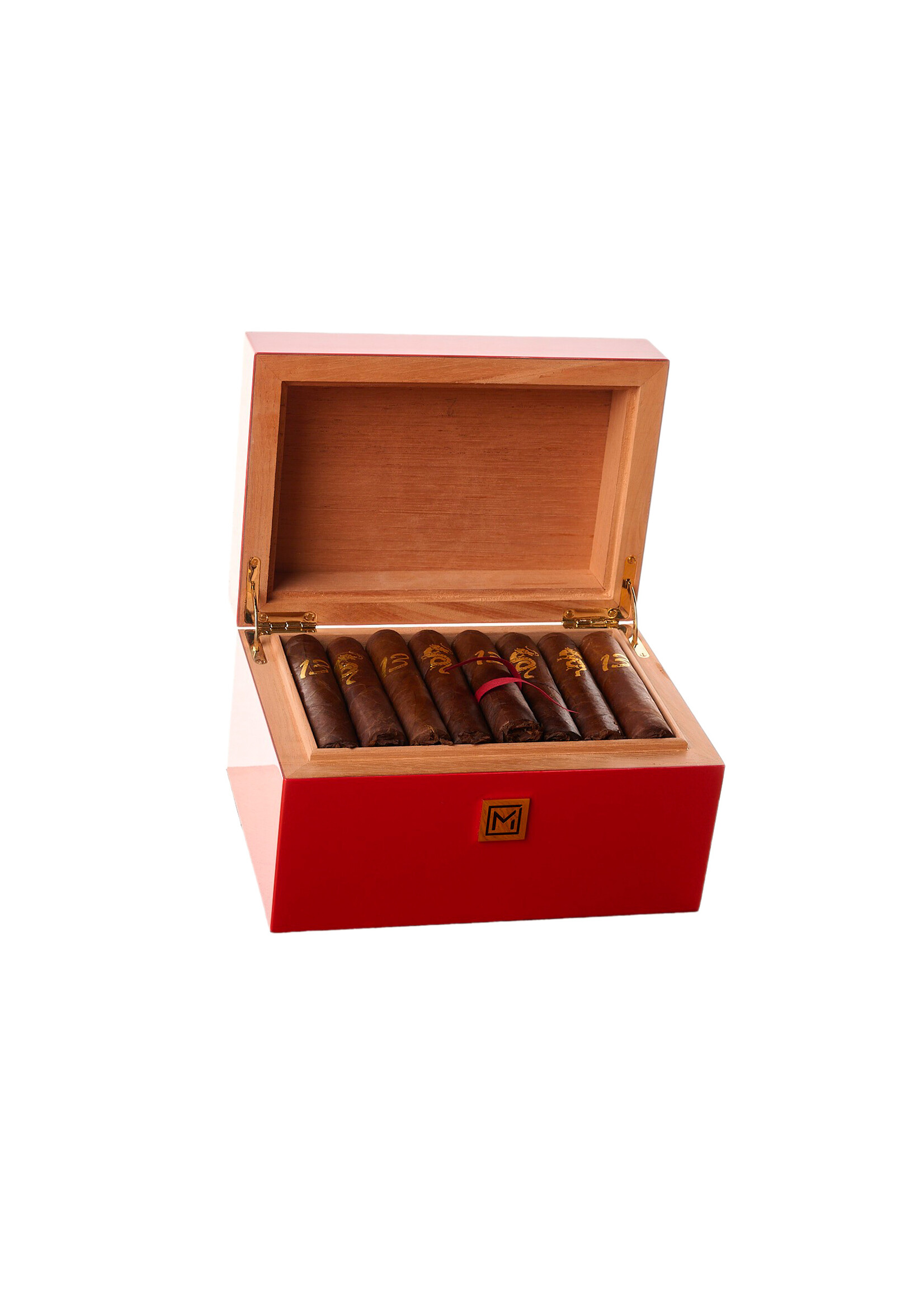 Cubata Cigares Luxury Red Havana Cigars Humidor with 22.8K Gold Leaf Chinese Dragon Logo Handcrafted by Maccarrone Tuscany Italy for 32 Havana Cigars aged 13 Years and with 2 Medio Tiempo Leaves to Enhance their Aroma and Delicious Flavor.
