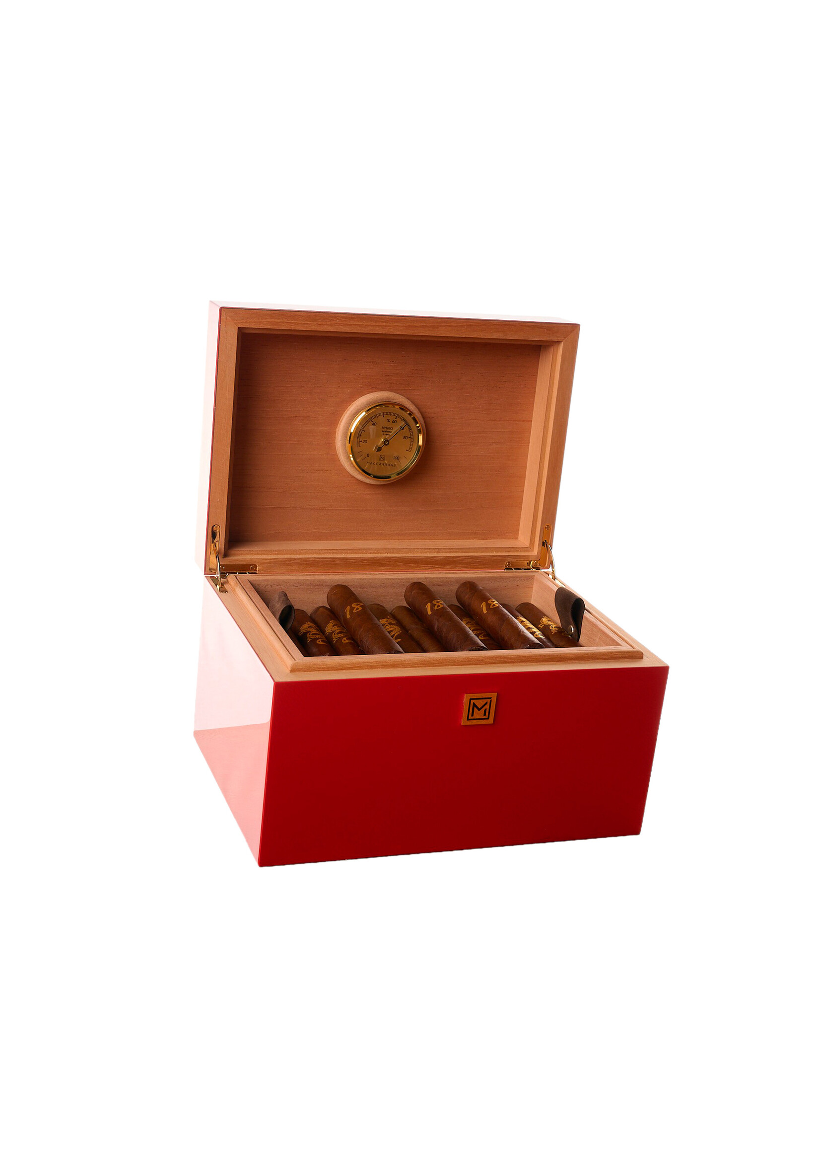 Cubata Cigares Luxury Red Havana Cigars Humidor with 22.8K Gold Leaf Chinese Dragon Logo Handcrafted by Maccarrone Tuscany Italy for 32 Havana Cigars aged 18 Years and with 2 Medio Tiempo Leaves to Enhance their Aroma and Delicious Flavor.