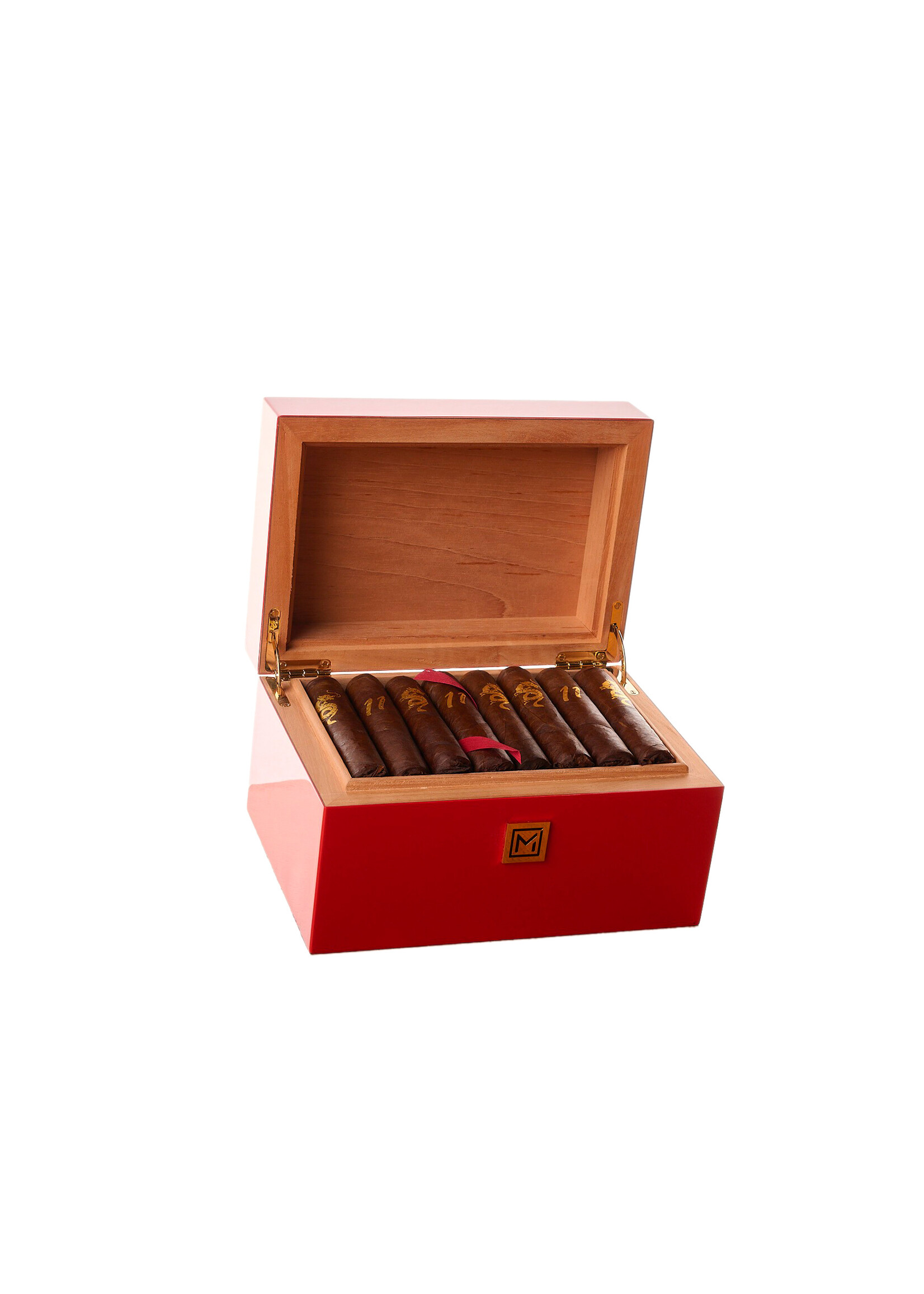 Cubata Cigares Luxueuse Cave à Cigares Havane Rouge avec Logo Dragon Chinois en Feuille d'Or 22.8K Fabriqué à la main par Maccarrone Toscane Italie pour 32 Cigares Havane Âgés de 11 ans et avec 2 Feuilles Medio Tiempo pour Rehausser leur Arôme et leur Délicieuse Saveur.