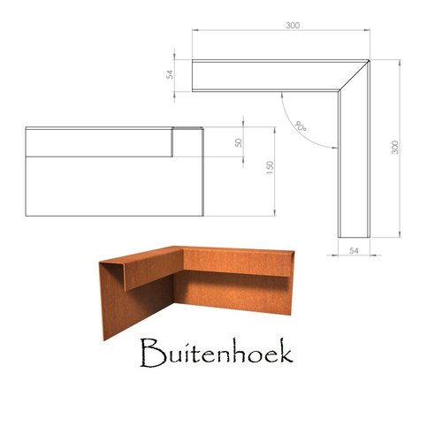 BetonTop Cortenstaal u-profiel hoek 30x30x5,4x15cm