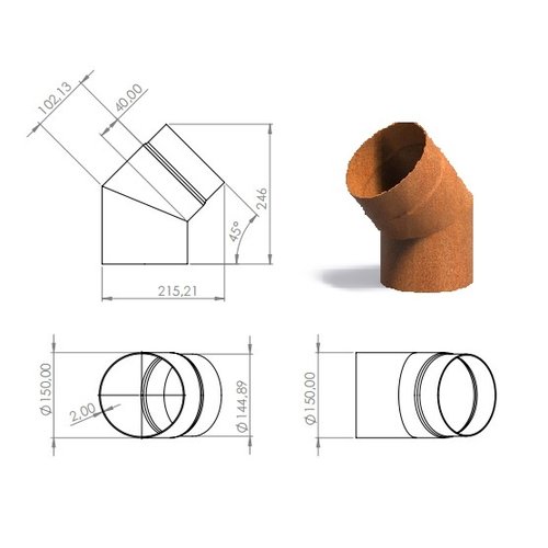 Cortenstaal kachelpijp 45° bocht Ø15,4x20cm