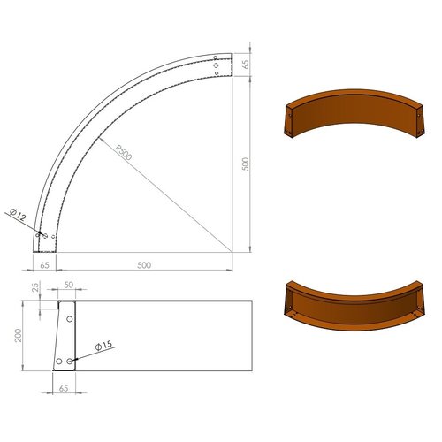 Cortenstaal keerwand binnenbocht 50x50x20cm