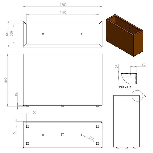 Cortenstaal plantenbak 120x40x80cm - Met bodem