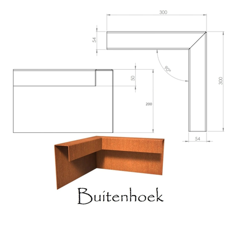 BetonTop Cortenstaal u-profiel hoek 30x30x5,4x20cm - maatwerk BetonTop Cortenstaal u-profiel hoek 30x30x5,4x20cm - maatwerk