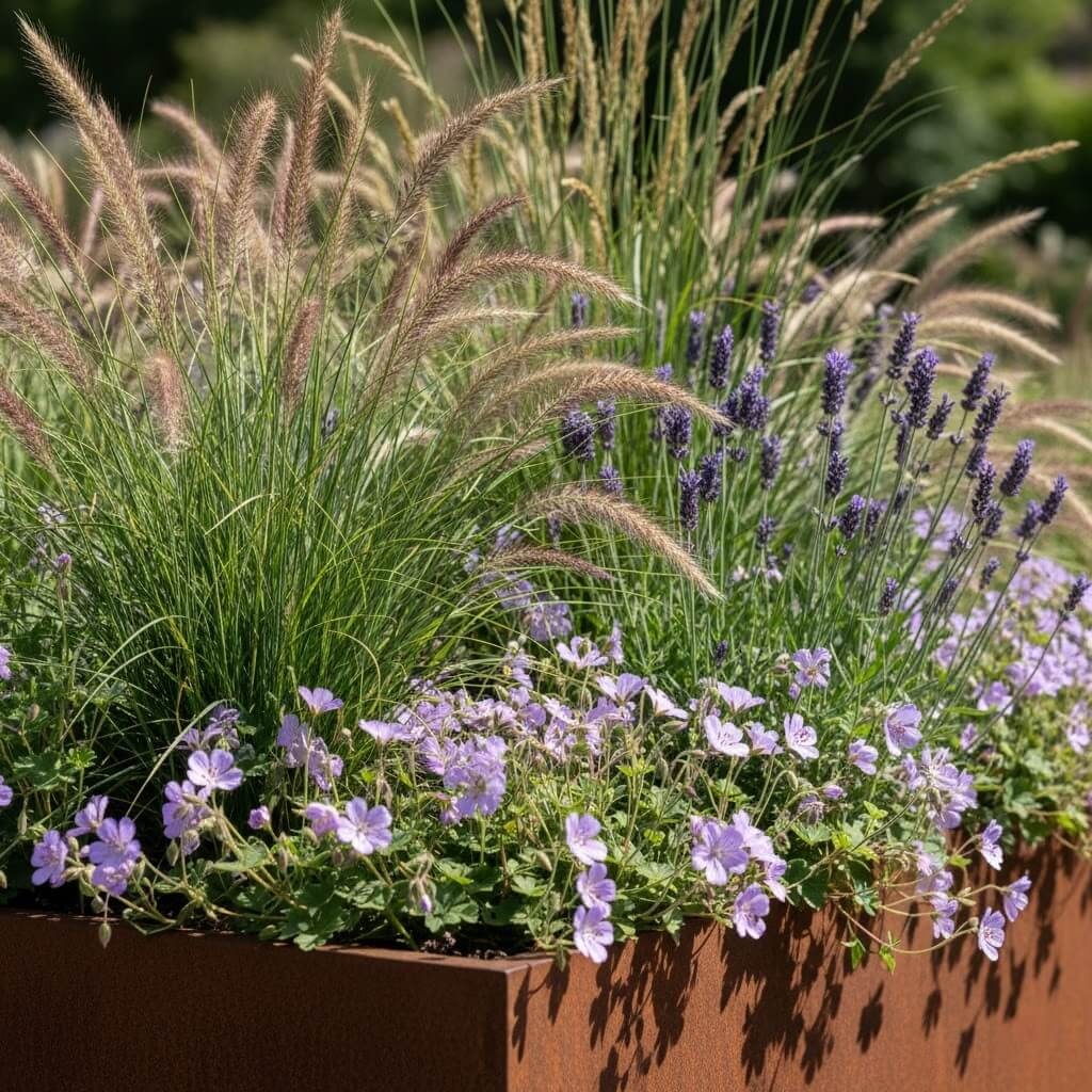 Beplanting in cortenstaal plantenbak - Zonnig