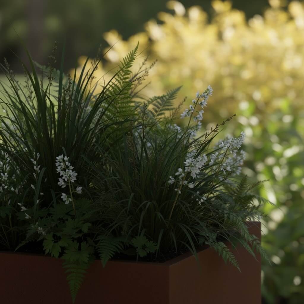 Beplanting in cortenstaal plantenbak - Schaduw