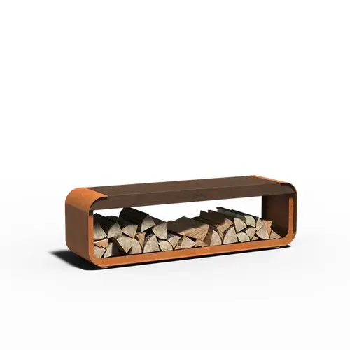 Cortenstaal houtopslag / tuinbank 150x40x45cm - Bamboe zitting Cortenstaal houtopslag / tuinbank 150x40x45cm - Bamboe zitting